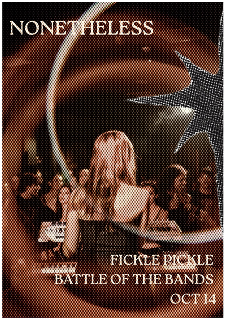 Poster showing a crowd at a live music event with a large guitar star; reads 'Battle of the Bands' and 'Oct 14'.